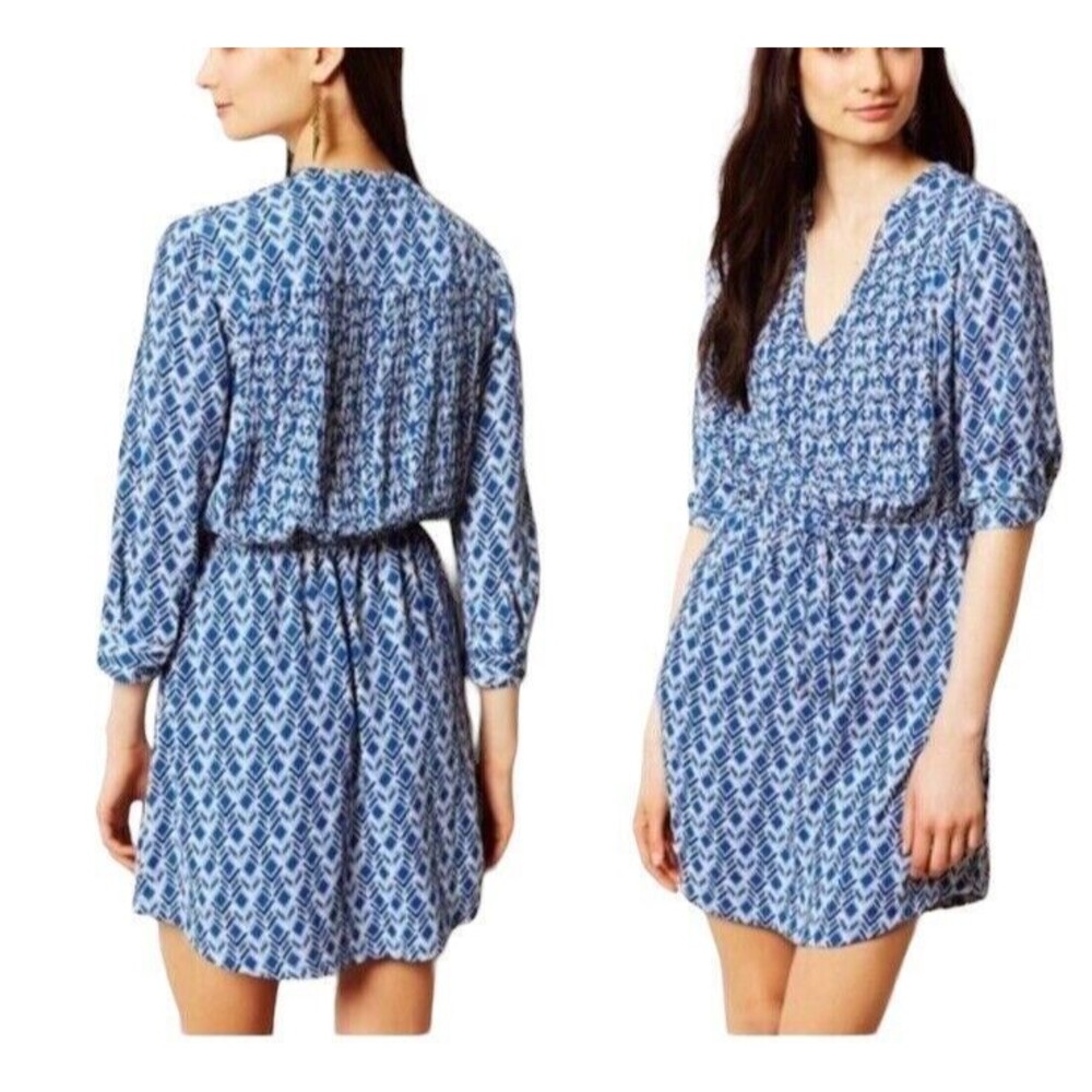 Anthropologie Maeve Womens Blue White Geometric Print Galan Shirt Dress Small